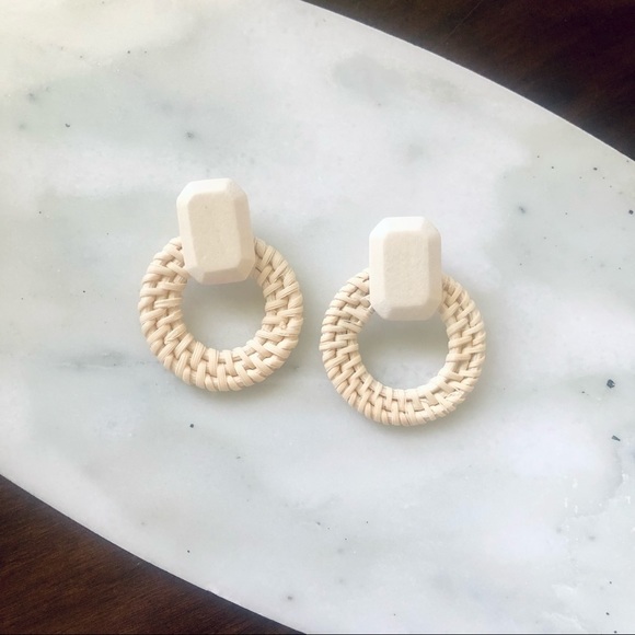 Rattan Natural Wooden Stud Hoop Earrings - Picture 2 of 6